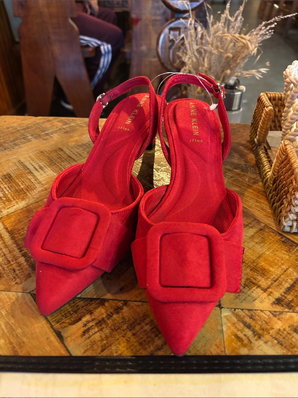 Anne Klein Red Pointed Slingback Heels with Decorative Buckle
